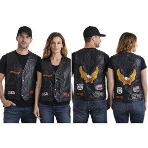 Buffalo Leather Biker Vest Patches Lace-Up Sides Snap Closure Unisex Size M